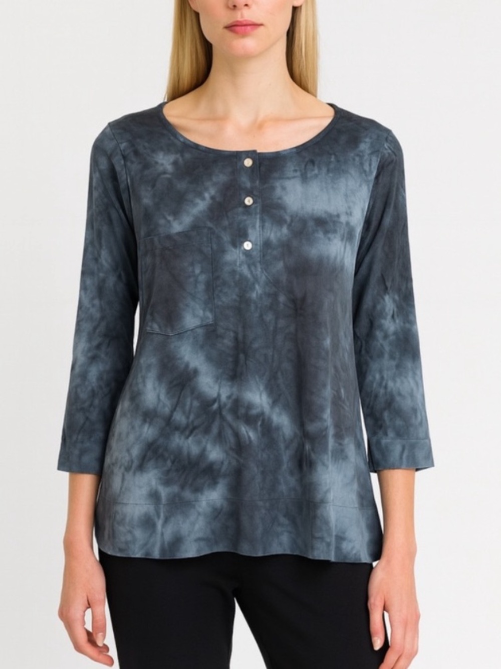 Alembika Tie-Dye Blue 3/4 Sleeve Top Soft Suede Velvet Feel in Shades of Blue